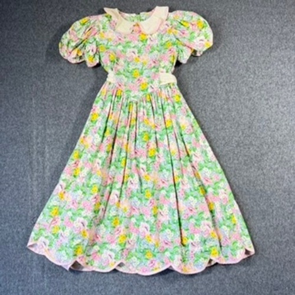 Vintage Petals San Francisco Floral Dress Kids 10 Cotton Puffy Sleeve Scalloped